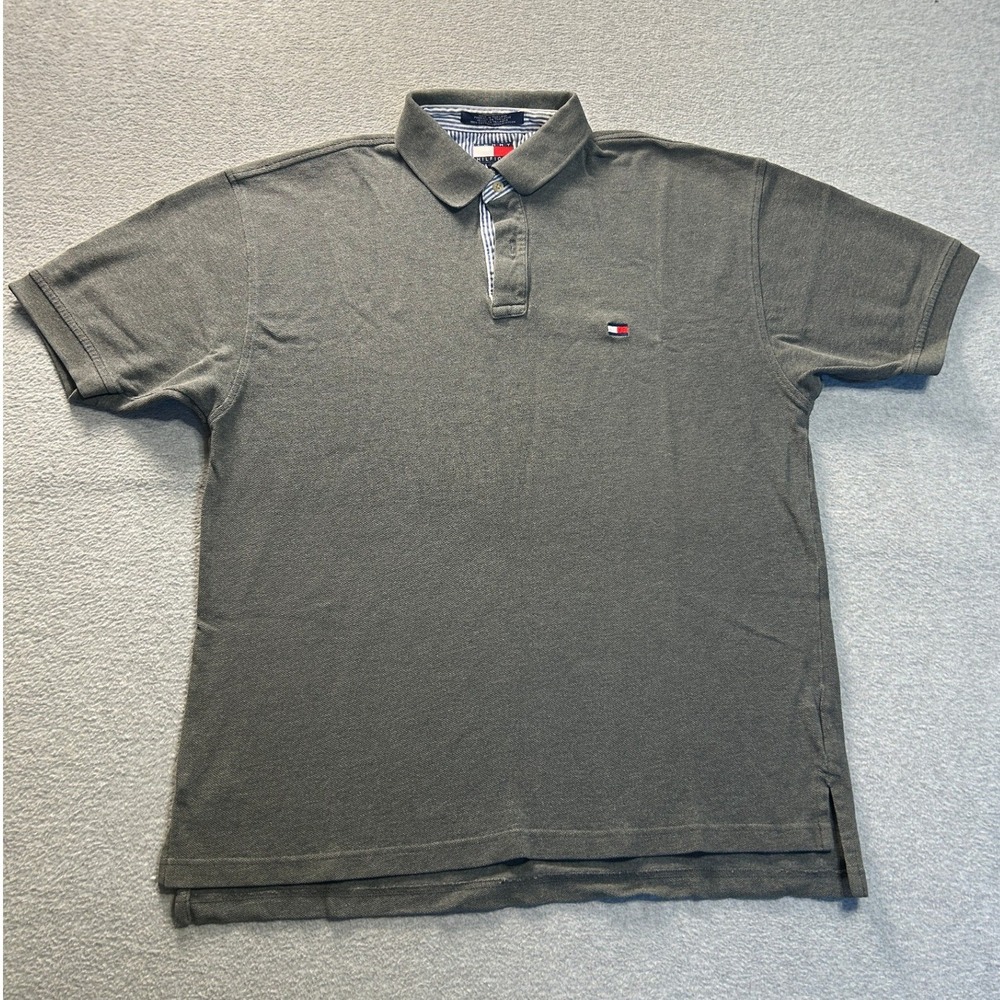 Tommy Hilfiger Polo Shirt Mens Large Gray 100% Cotton Short Sleeve Flag Logo